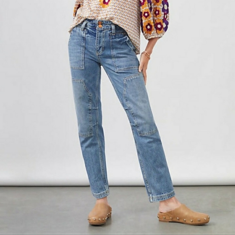 Pilcro “The Wanderer” cropped utility straight leg denim jeans contrast stitch